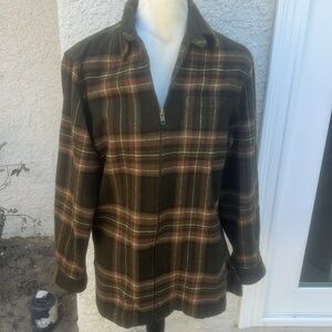 Jones New York Women's Green Brown Plaid Wool Blend Zip up Jacket Size S